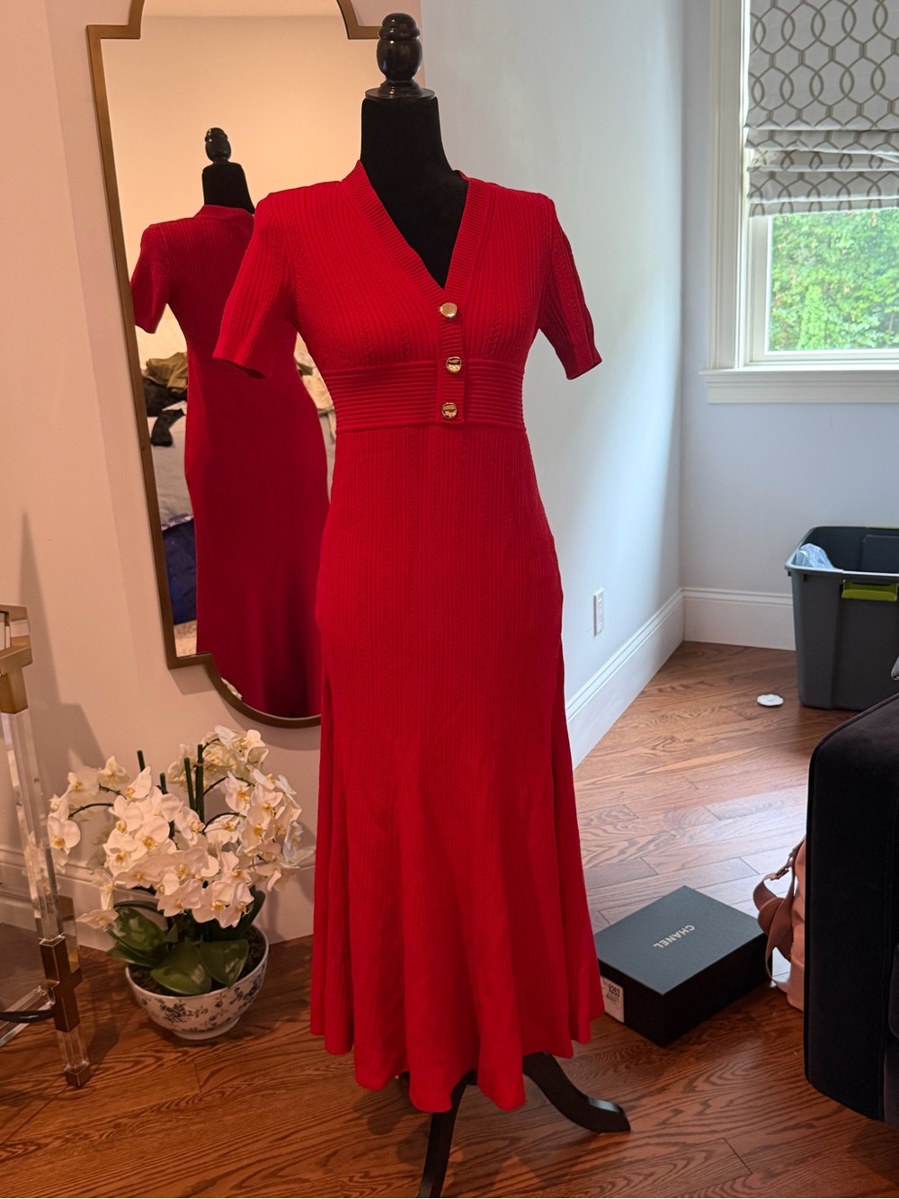 Self-Portrait Red Ribbed Maxi Dress with Gold Buttons